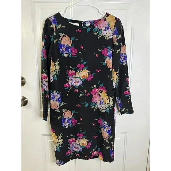 NIPON BOUTIQUE Women's 100% Silk Dress Black Floral 3/4 Sleeve Sz 4 Guest Casual - Picture 1 of 7